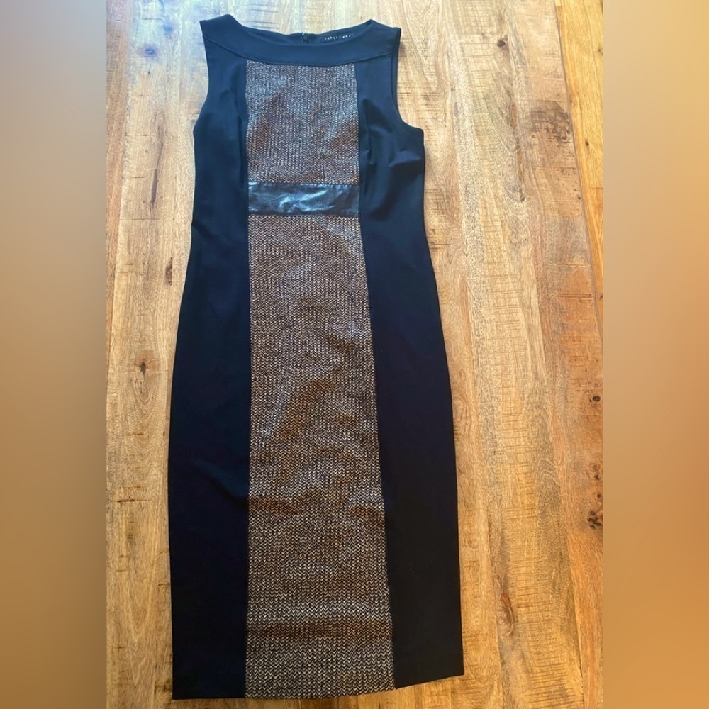 Yansi Fugel black shift midi dress fitted with tweed middle front + back panels
